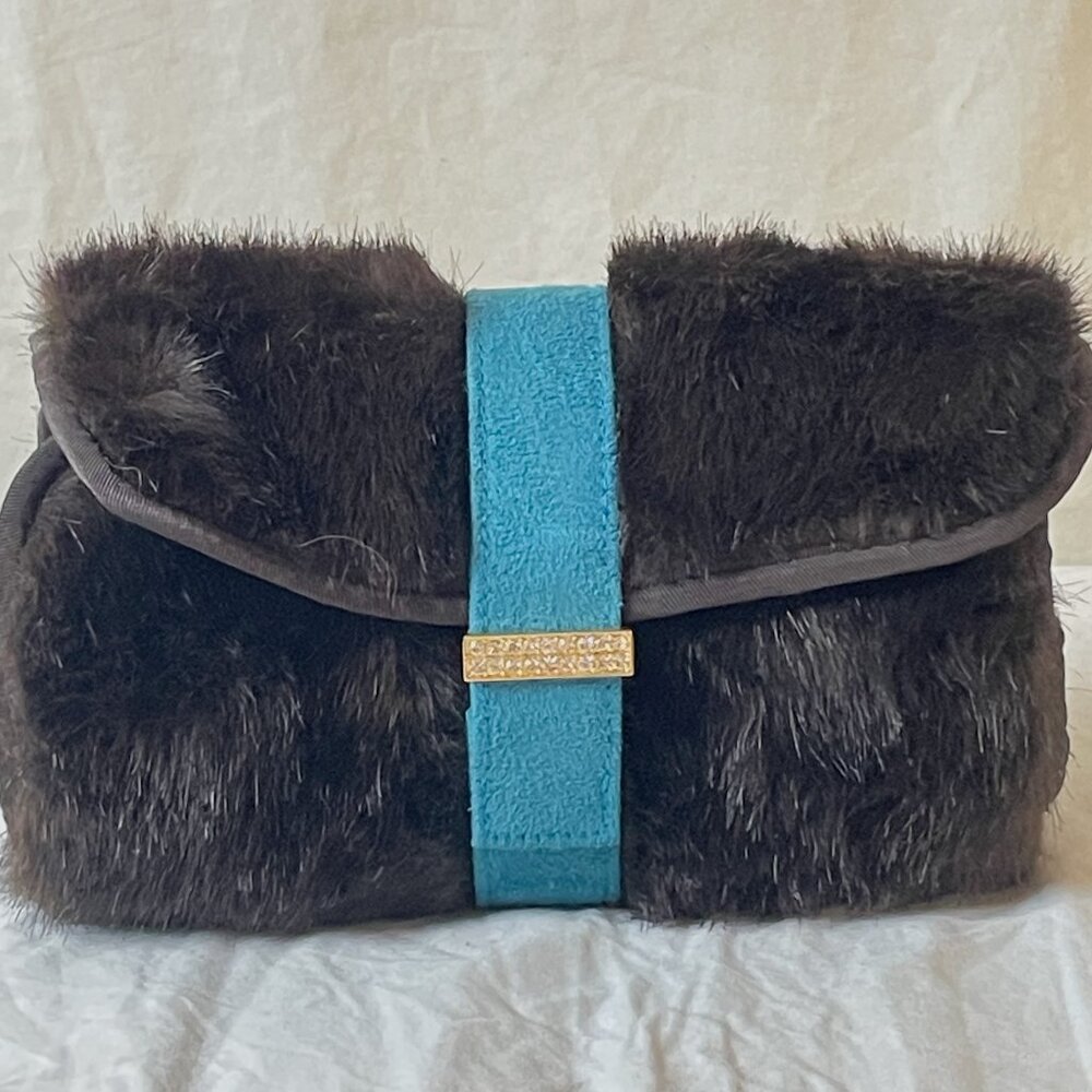 Jewelry roll Stephanie Johnson brown faux mink fur with peacock brocade insert